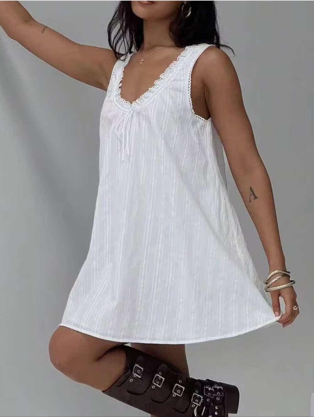 NEW Adorable And Easy To Wear White Lace-Trim Mini Swing Dress - Medium